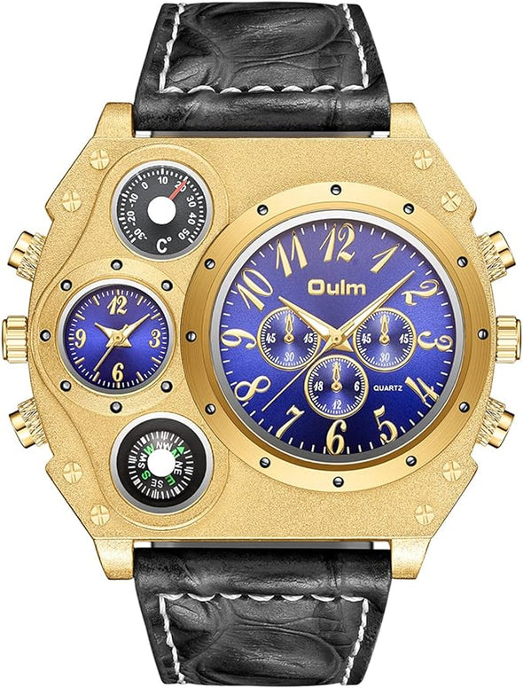 Men's Watch Oversize Steampunk Dual Time Zone Four Dial Big Face Watches Soft Leather Band Policy Army Compass Thermometer Decorative Dial Cool Wrist Watch