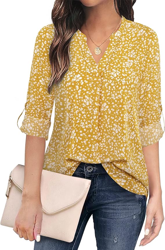 Women's Casual Chiffon V Neck 3/4 Sleeve Blouse Tops
