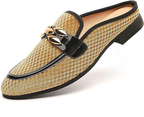Men's Slip-on Mule Sandals Loafer with Gold Buckle,Fashion Leather Formal Wear Casual Backless Dress Slippers
