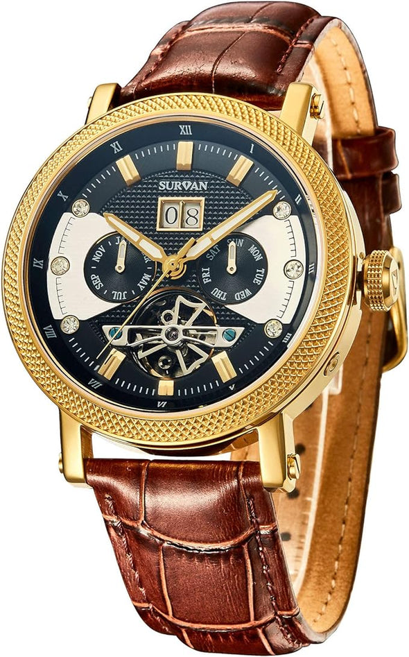 WatchDesigner Watch for Men Sapphire Crystal Mechanical Skeleton Automatic Men's Wrist Watches Ion-Plated Leather Strap Copper Watch Needle