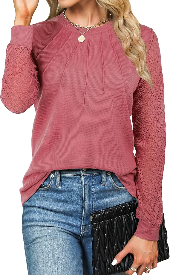 Women's Waffle Knit Tops Dressy Business Casual Blouses Lace Long Sleeve Work Shirts Fall Clothes