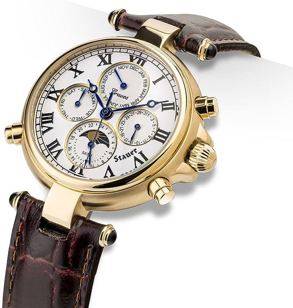 Stauer Automatic Wrist Watch for Men – Men's Watches w/Genuine Brown Leather Band – Gold Finished Automatic Watches for Men – Water Resistant Analog Watch – Stylish Gifts for Men
