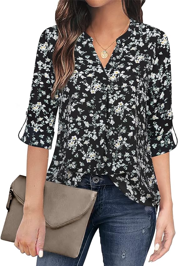 Women's Casual Chiffon V Neck 3/4 Sleeve Blouse Tops