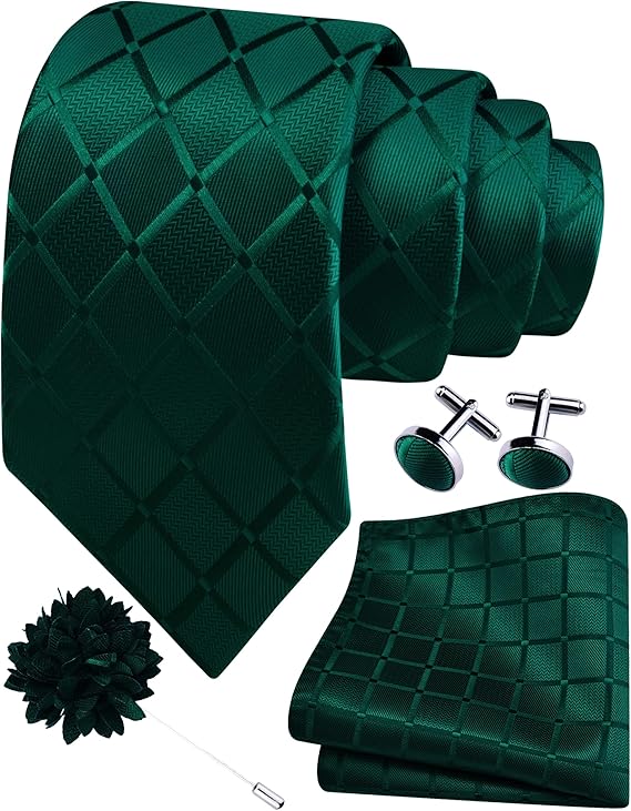 Mens Tie and Lapel Pin Plaid Checkered Necktie Hankerchief Cufflinks Set for Men