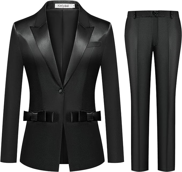 Women's 2 Piece Satin Suit Double Side Bows One Button Peaked Lapel Outfits Party Wedding Blazer Jackets and Pants Set
