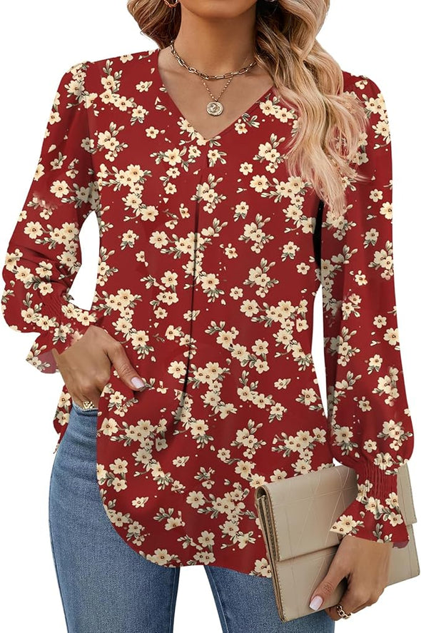 Women's 2024 Long Sleeve Tops Dressy Casual V Neck Tunic Shirts Loose Chiffon Work Blouse