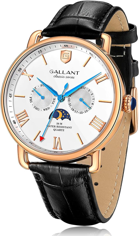 Mens Wrist Watch, Quartz Watches Men's Wristwatch Moon Phase Day Date Calendar Leather Strap 5ATM Waterproof Dress Watches for Men Luxury Classic Casual Business