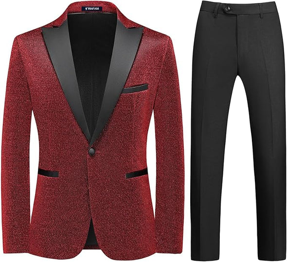 Mens Tuxedo Suits Slim Fit Party Blazer for Men Shiny Dress Coat Jackets Classic Regular Fit 2 Piece Suits Set