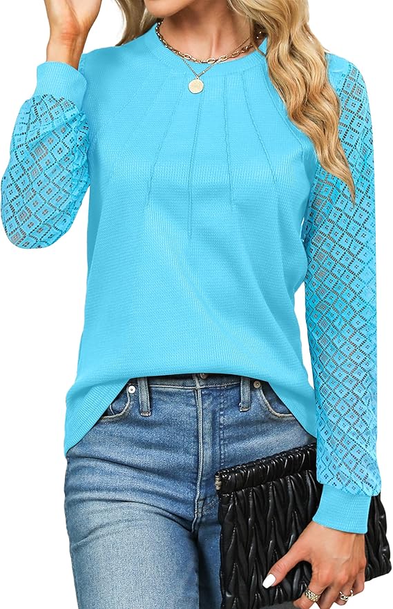 Women's Waffle Knit Tops Dressy Business Casual Blouses Lace Long Sleeve Work Shirts Fall Clothes