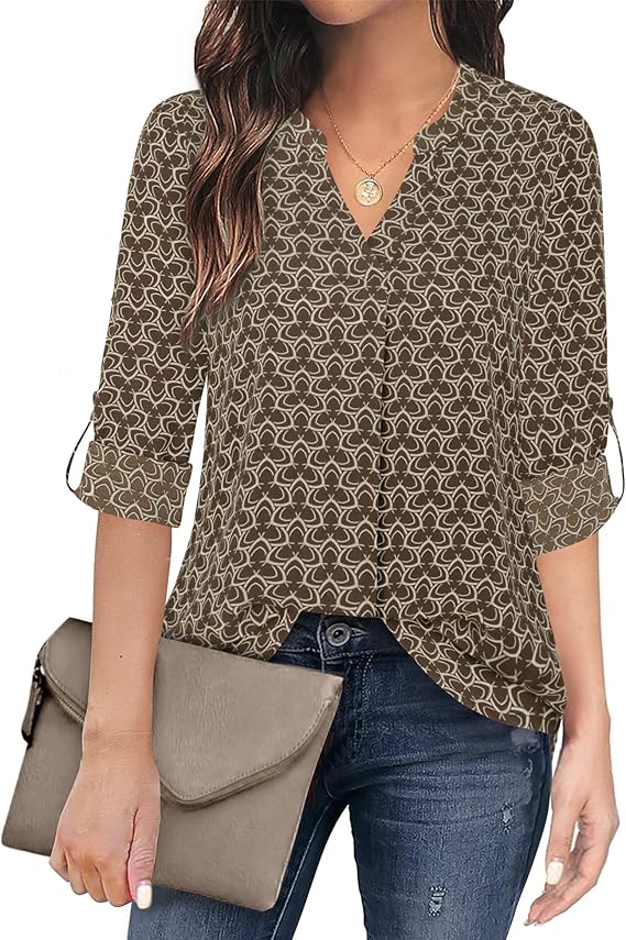 Women's Casual Chiffon V Neck 3/4 Sleeve Blouse Tops