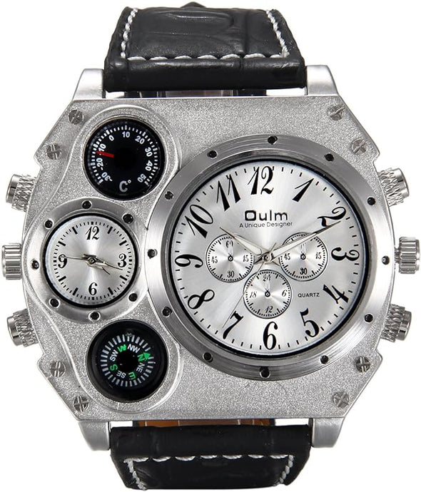 Men's Watch Oversize Steampunk Dual Time Zone Four Dial Big Face Watches Soft Leather Band Policy Army Compass Thermometer Decorative Dial Cool Wrist Watch