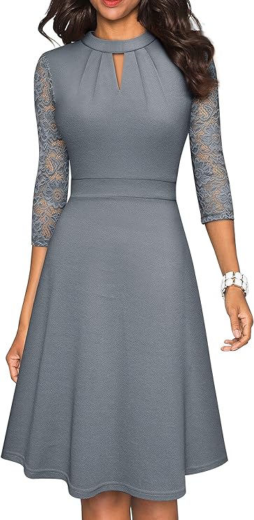 Women's Round Neck Hollow Out Lace Patchwork Retro Party Dresses
