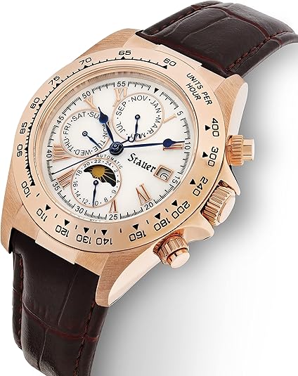 Stauer Speedway Automatic Watch for Men – Iconic Design Analog Watch – Crocodile-Embossed Brown Leather Watch Band – Rose Gold-Finished Watch