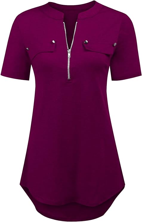 Women's Short Sleeve Zip Flowy Tunic Tops Business Casual Work Office Blouses Shirts