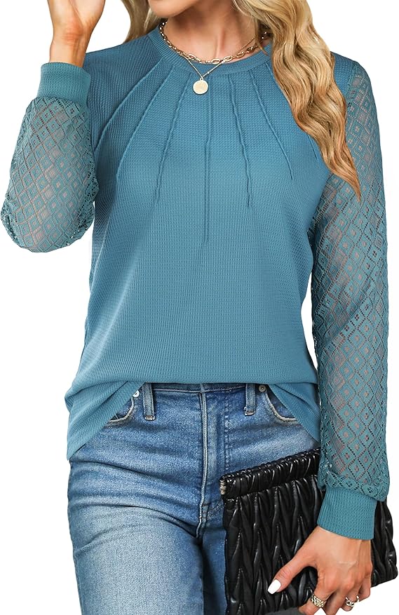 Women's Waffle Knit Tops Dressy Business Casual Blouses Lace Long Sleeve Work Shirts Fall Clothes