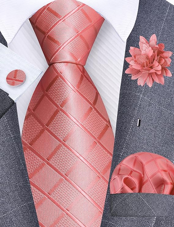 Mens Tie and Lapel Pin Plaid Checkered Necktie Hankerchief Cufflinks Set for Men