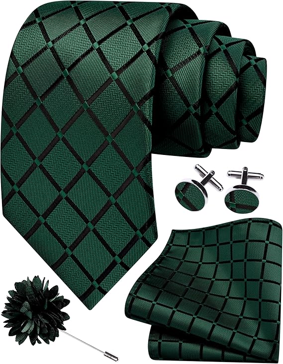 Mens Tie and Lapel Pin Plaid Checkered Necktie Hankerchief Cufflinks Set for Men