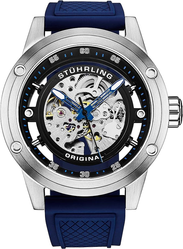 Original Mens Automatic Watch Skeleton Stainless Steel Self Winding Dress Watch with Rubber Strap 50MM (Silver Blue)