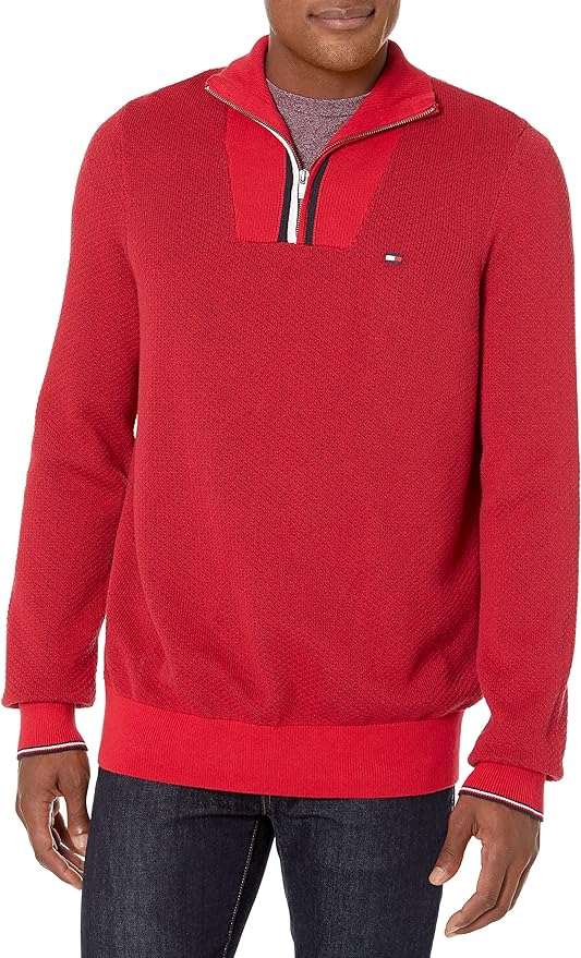 Tommy Hilfiger Men's Big & Tall Big and Tall Long Sleeve Cotton Stripe Quarter Zip Pullover Sweater