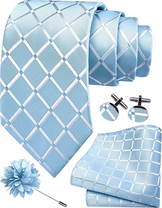 Mens Tie and Lapel Pin Plaid Checkered Necktie Hankerchief Cufflinks Set for Men