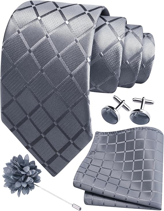 Mens Tie and Lapel Pin Plaid Checkered Necktie Hankerchief Cufflinks Set for Men