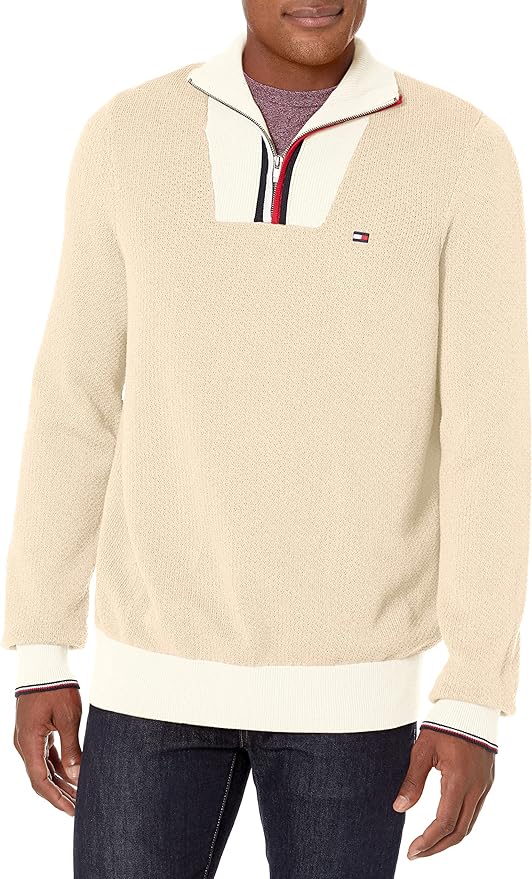 Tommy Hilfiger Men's Big & Tall Big and Tall Long Sleeve Cotton Stripe Quarter Zip Pullover Sweater