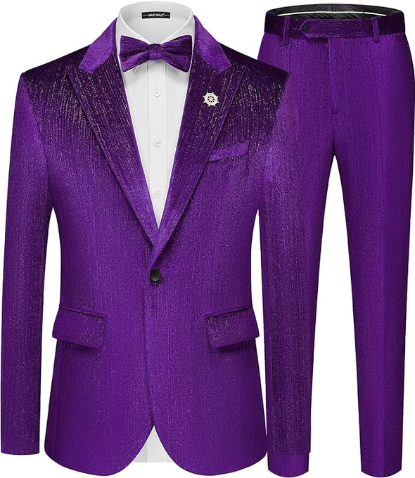 Mens Suits Velvet Tuxedo Suit Set Slim Fit 2 Piece Luxurious Party Dinner Jacket Pants with Bow Tie