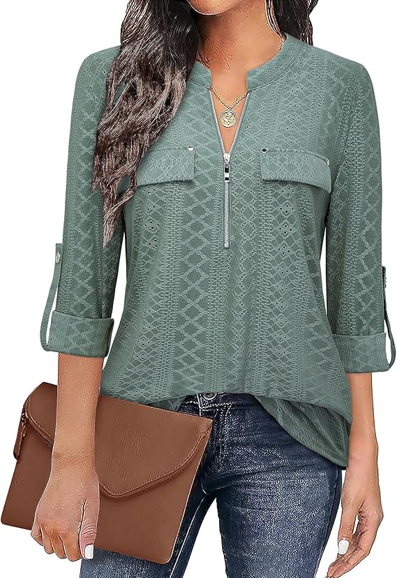 Women's Zip Front V-Neck 3/4 Sleeve Tunic Casual Top
