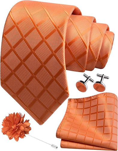 Mens Tie and Lapel Pin Plaid Checkered Necktie Hankerchief Cufflinks Set for Men