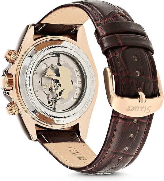 Stauer Speedway Automatic Watch for Men – Iconic Design Analog Watch – Crocodile-Embossed Brown Leather Watch Band – Rose Gold-Finished Watch