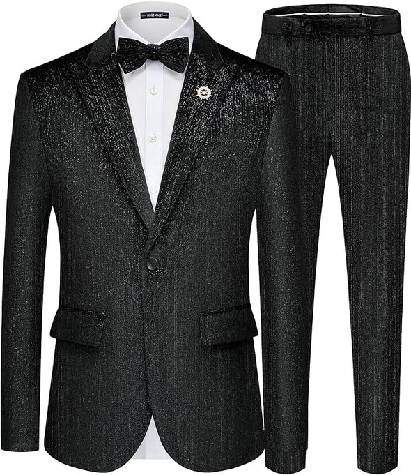 Mens Suits Velvet Tuxedo Suit Set Slim Fit 2 Piece Luxurious Party Dinner Jacket Pants with Bow Tie