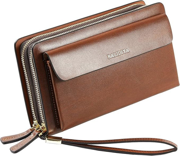 Leather Men Clutch Bag Long Wallet Purse Card Holder Case Business Large Clutch with Double Zip Handbag