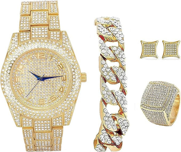 Hip Hop Watch & Jewerly Set w/Cuban Chain Bracelet, Kite Bling Earrings & Ring - GJM13