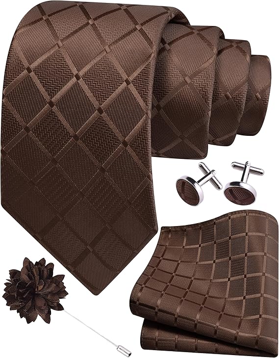 Mens Tie and Lapel Pin Plaid Checkered Necktie Hankerchief Cufflinks Set for Men