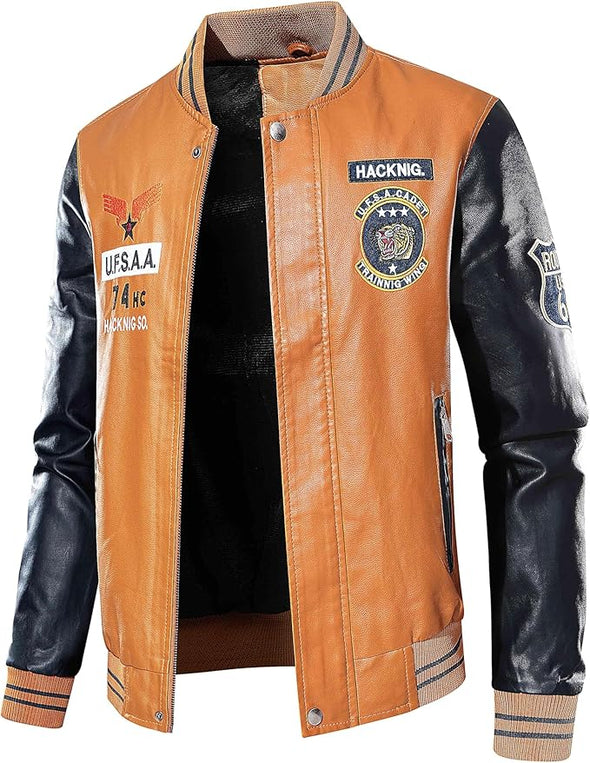 Men's Faux Leather Bomber Jacket Leather Jacket Stand Collar Lightweight leather jacket Motorcycle PU Jacket