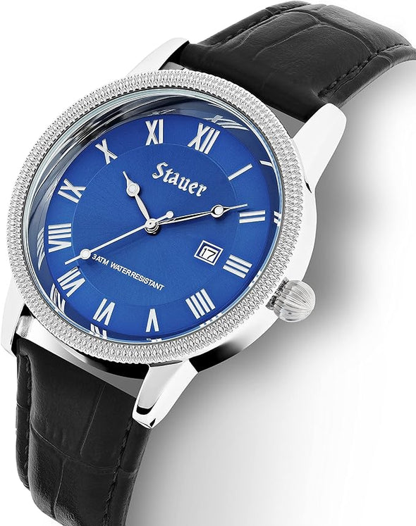 Stauer Urban Blue Watch for Men – Blue-Dial Analog Watch w/Stainless Steel Watch Case Back– Genuine Leather Watch Strap – Quartz Movement Wrist Watch – Luxury Gift for Men