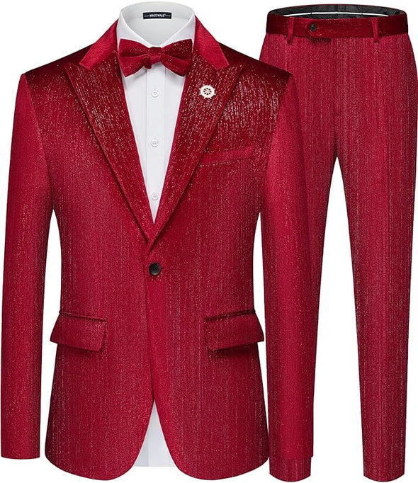 Mens Suits Velvet Tuxedo Suit Set Slim Fit 2 Piece Luxurious Party Dinner Jacket Pants with Bow Tie