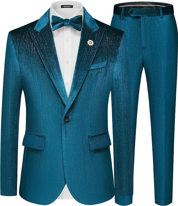 Mens Suits Velvet Tuxedo Suit Set Slim Fit 2 Piece Luxurious Party Dinner Jacket Pants with Bow Tie