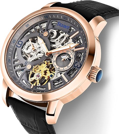 Stauer Automatic Watch for Men – Transparent-Faced Skeleton & Rose Gold-Finished Watch Case – Black Crocodile-Embossed Leather Watch Band