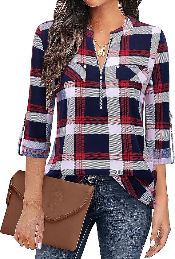 Women's Zip Front V-Neck 3/4 Sleeve Tunic Casual Top