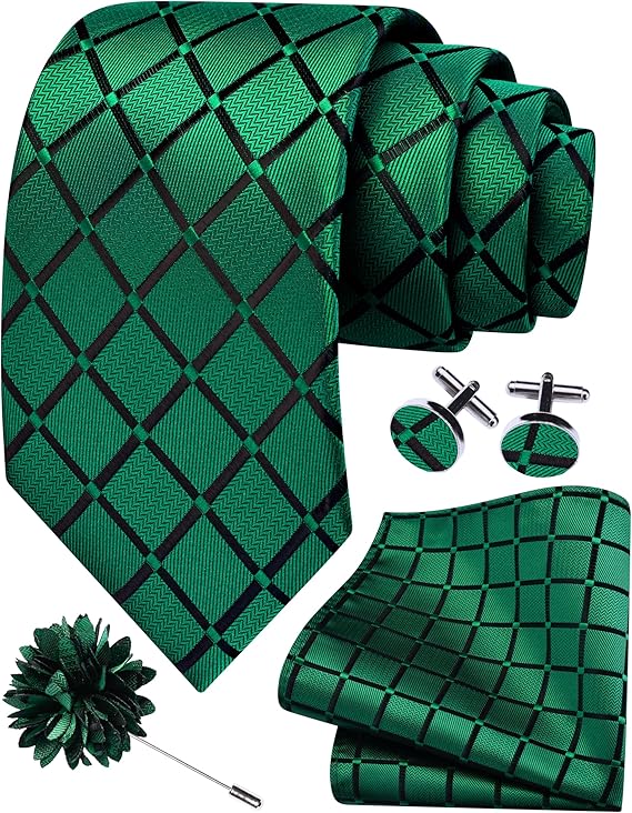 Mens Tie and Lapel Pin Plaid Checkered Necktie Hankerchief Cufflinks Set for Men