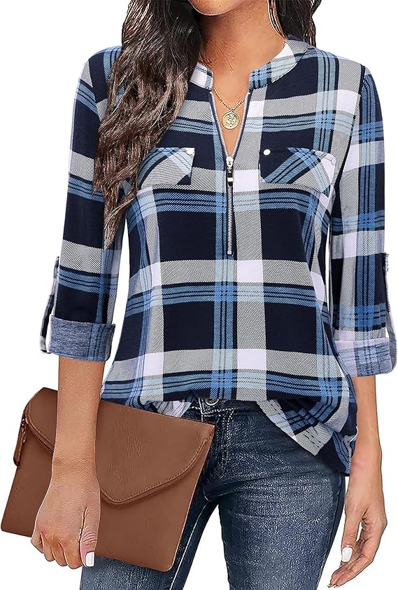 Women's Zip Front V-Neck 3/4 Sleeve Tunic Casual Top