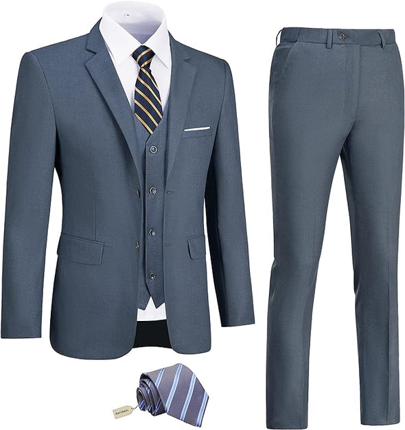 Men's Slim Fit 3 Piece Suit Two Button Business Wedding Dress Tux Suit Set Jacket Vest Pants with Tie