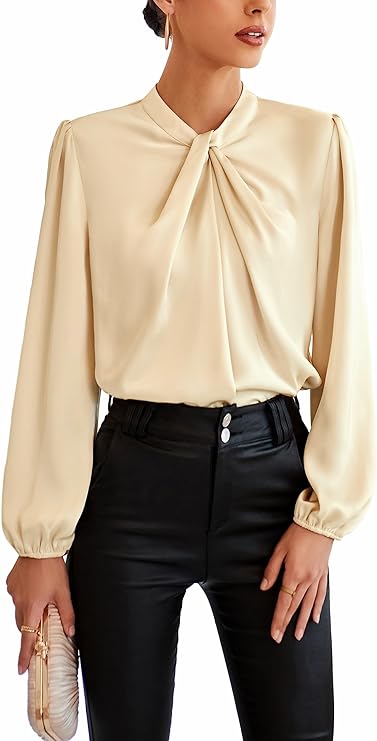 Women's Long Lantern Sleeve Shirts Mock Neck Solid Casual Blouse Tops