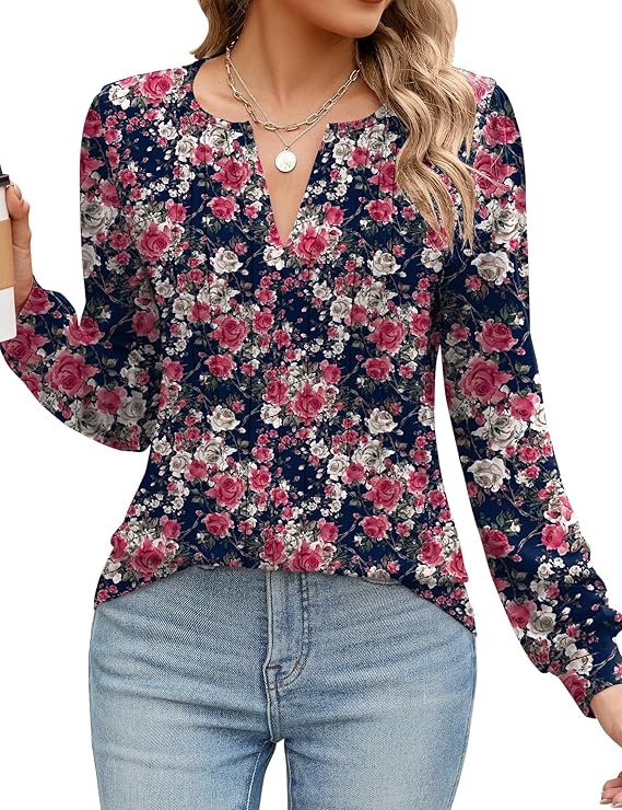 Womens Long Sleeve Shirts Puff Sleeve V Neck Pleated Shirts Loose Fit Blouses for Dressy Casual 2024 Fall Tops