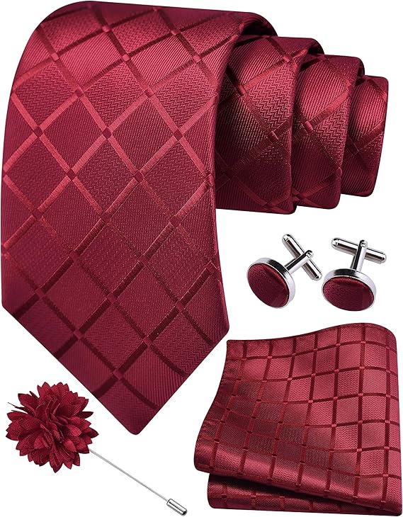 Mens Tie and Lapel Pin Plaid Checkered Necktie Hankerchief Cufflinks Set for Men
