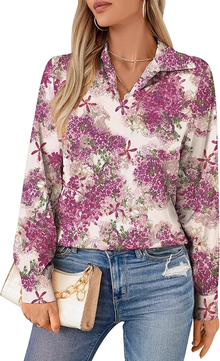 Womens Silky Satin Blouses Collared V Neck Long Sleeve Dress Shirts Business Casual Work Blouse Tops for Women