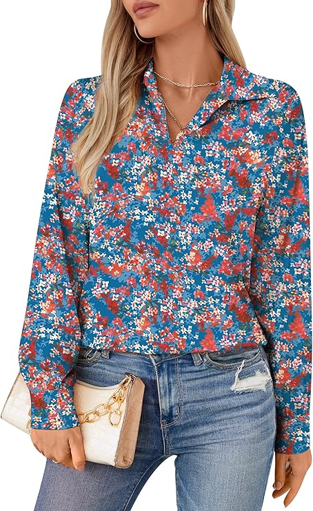 Womens Silky Satin Blouses Collared V Neck Long Sleeve Dress Shirts Business Casual Work Blouse Tops for Women