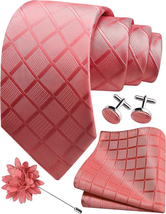 Mens Tie and Lapel Pin Plaid Checkered Necktie Hankerchief Cufflinks Set for Men