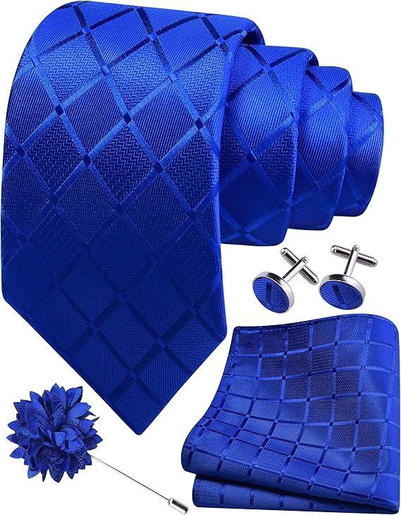Mens Tie and Lapel Pin Plaid Checkered Necktie Hankerchief Cufflinks Set for Men